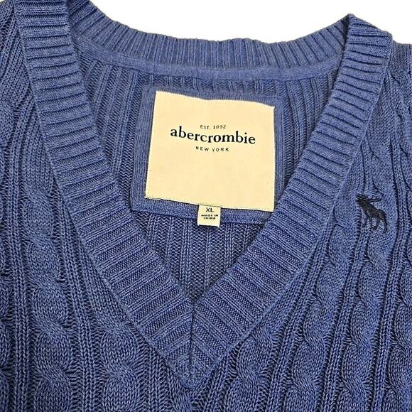Vtg Abercrombie & Fitch Y2K Cable-knit Sweater Sz XL Vneck Preppy Academia Blue - Picture 2 of 8